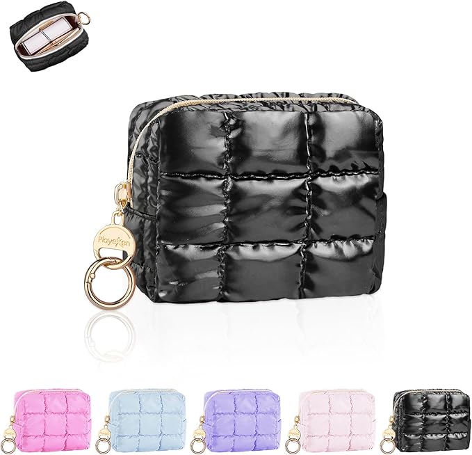 Puffy Mini Makeup Bag, Cute Quilted Small Cosmetic Bag for Purse, Portable Travel Makeup Pouch for Lipsticks, Chapsticks, Earphone, Credit Card, Birthday/Wedding/Christmas Gifts (Black)