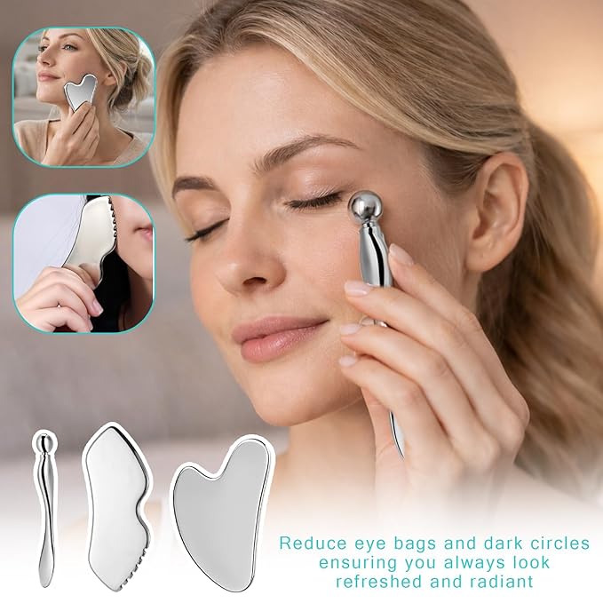 3 Pcs Stainless Steel Gua Sha Facial Tools & Eye Cream Applicator Metal Guasha Set For Face Body,Gua Sha Facial Tools,Stainless Steel Gua Sha,Metal Gua Sha For Face Sculpting, Metal Gua Sha Skin Care