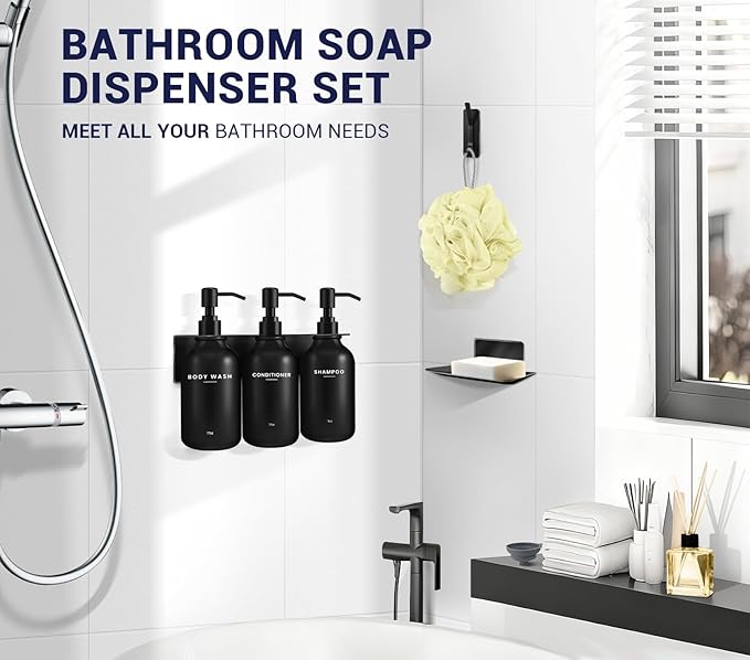 KLL Shampoo and Conditioner Dispenser Set - Wall Mounted Shower Soap Dispenser - 17oz No-Drill Refillable Plastic Pump Bottles for Bathroom - Includes Soap Dish & Hook (Black)