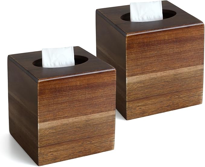 2 Pack Wood Tissue Box Cover， Acacia Wood Tissue Box Cover Square, Decorative Cube Facial Wooden Tissue Box Holder with Slide-Out Bottom for Bathroom, Bedroom, Dinner Table, Office, Kitchen