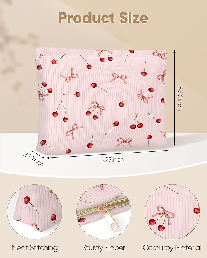 Cute Bow Cherries Makeup Pouch for Women Small Make Up Bag for Purse Zipper Initial Makeup Cosmetic Bags Pouches for Purse Aesthetic Travel Toiletry Bags,Red Pink Cherry