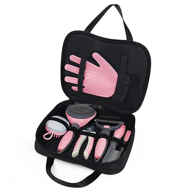 Wisedog Pet Grooming Kit - Nail Clipper Set, Dematting & Hair Removal Combs, Bath Brush, Mitts (Upgraded Pink)