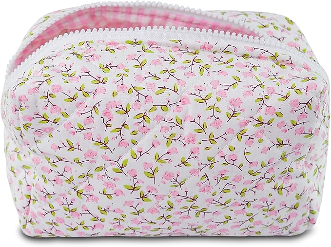 Quilted Makeup Bag Floral Cotton Make up Bag Puffy Coquette Makeup pouch Aesthetic Cute Travel Toiletry Bag for Women Girls