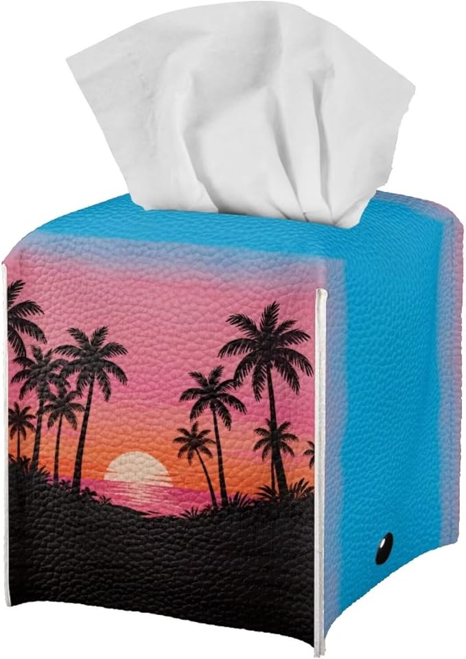 Sunset Tissue Box Holder Waterproof PU Leather Square Modern Tissue Box Cover with Metal Button Napkin Holder for Home Office Car