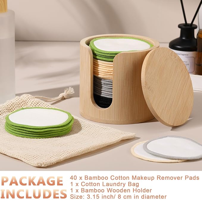 Foaincore 40 Pcs Reusable Makeup Remover Pads with Mesh Storage Bag and Bamboo Box Washable Bamboo Cotton Rounds Soft Reusable Face Pad for Toner Skin Various Skin Care Products(Integrated Color)