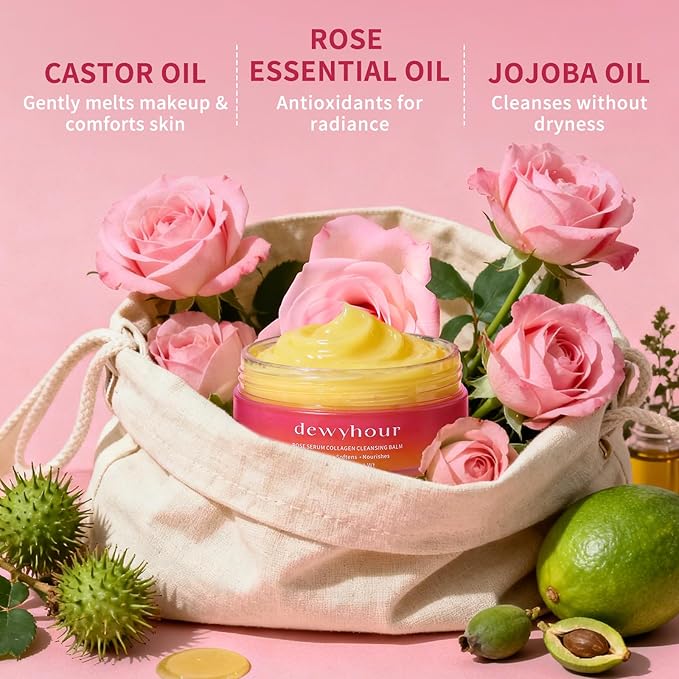 dewyhour Rose Serum Collagen Cleansing Balm - Gentle Melting Makeup Remover & Pore Cleanser, Hydrating Facial Cleanser for All Skin Types | Vegan Korean Skincare 2.46oz