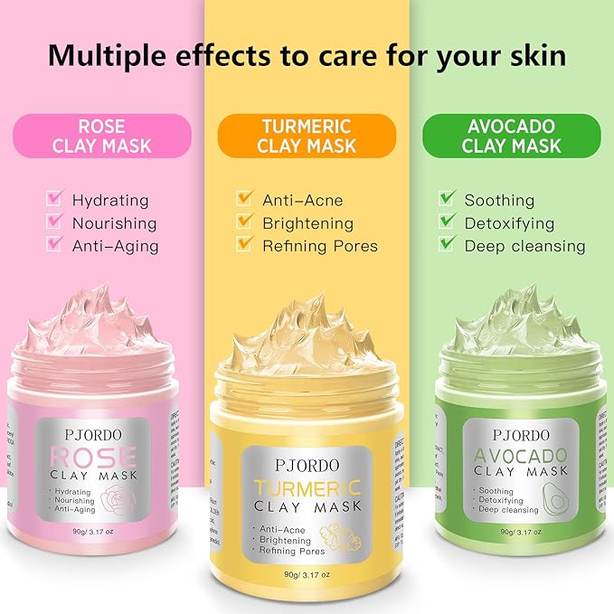 3Pack Clay Mask, Turmeric Vitamin C, Avocado, Rose clay mask for face, Face Mask Skin Care for Deep Cleaning Reduce Blackheads Dark Spots, Spa Gifts for Women, 3.17 Oz Each