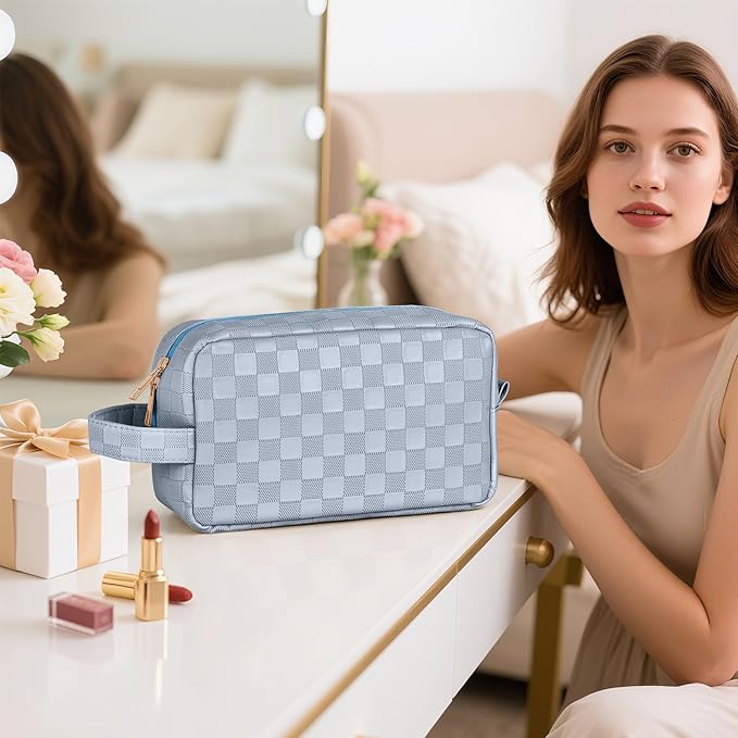 MAGEFY Makeup Bag, Checkered Travel Cosmetic Bag with Handle Leather Makeup Pouches for purse Make Up Bag Cute Makeup Bags for Women,Blue Haze