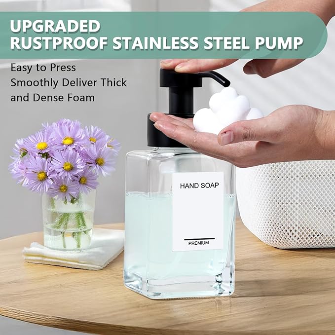Foaming Soap Dispenser 2 Pack, 12oz/350ml Glass Foaming Hand Soap Dispenser Set with Stainless Steel Pump, Square Refillable Foam Pump Bottles for Bathroom&Kitchen,Includes 6 Labels
