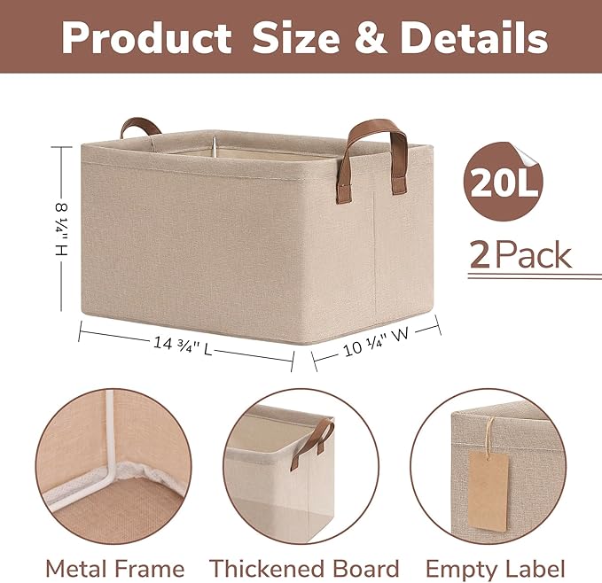 CHICVITA Storage Baskets for Shelves, Closet Fabric Storage Bins with Metal Frame, Collapsible Towel Organizer for Closet Living Room, 14 ¾" L x 10 ¼" W x 8 ¼" H, Brown, 2-Pack