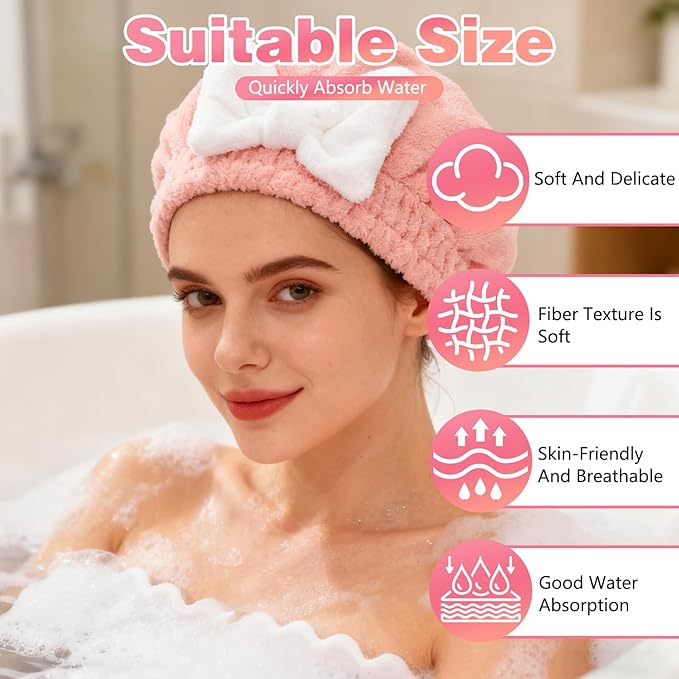 2 Pack Ultra Absorbent Hair Quick Drying Towel for Women, New Microfiber Hair Towel Wrap Dry Turban, Soft Bow Tie Plopping Head Towels Shower Cap for All Hair Style (Blue and Pink)