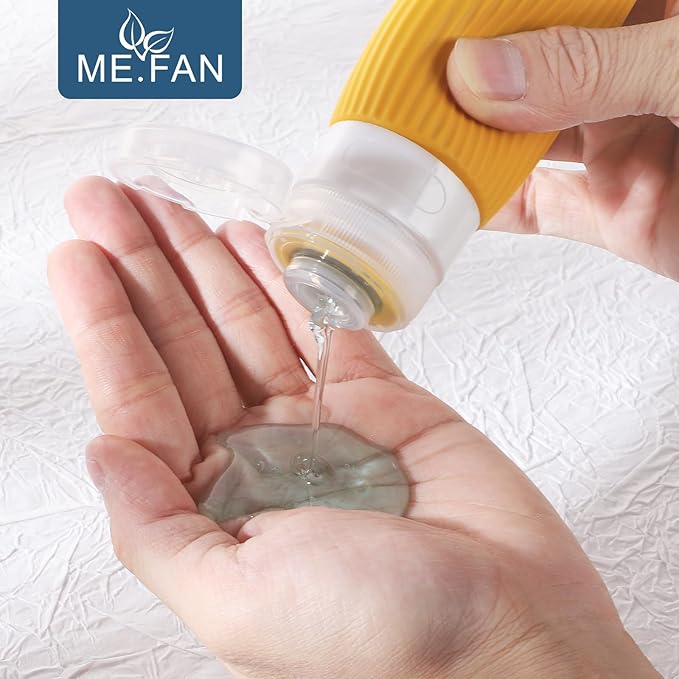ME.FAN Travel Bottles for Toiletries, TSA Approved 3oz Silicone Journey Size Containers, Portable Split Bottle for Conditioner, Shampoo, Lotion- 4 Pack Yellow