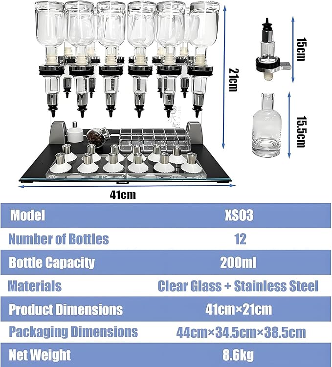 Professional Manual Perfume Dispenser, Liquid Filling Machine Transfer Tools,Manual Dispenser Set, Adjustable Pump Heads & Testing Cups for Shops & Lab & Bars(8 Heads)