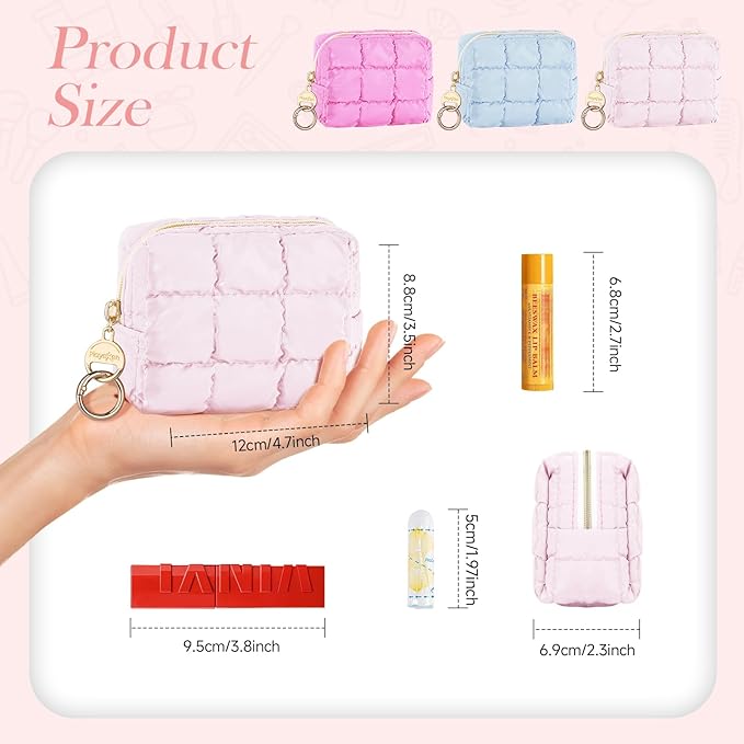 Puffy Mini Makeup Bag, Cute Quilted Small Cosmetic Bag for Purse, Portable Travel Makeup Pouch for Lipsticks, Chapsticks, Earphone, Credit Card, Birthday/Wedding/Christmas Gifts (Blue)