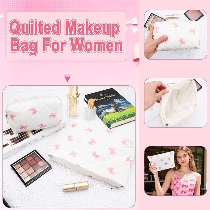2Pcs Small Makeup Bag Quilted Cosmetic Bag Flower Pencil Case Travel Makeup Bag Set for Women Cute Cosmetic Pouch Aesthetic Cotton Toiletry Organizer Storage Bags Puffy Zipper Pouch Christmas Gifts D