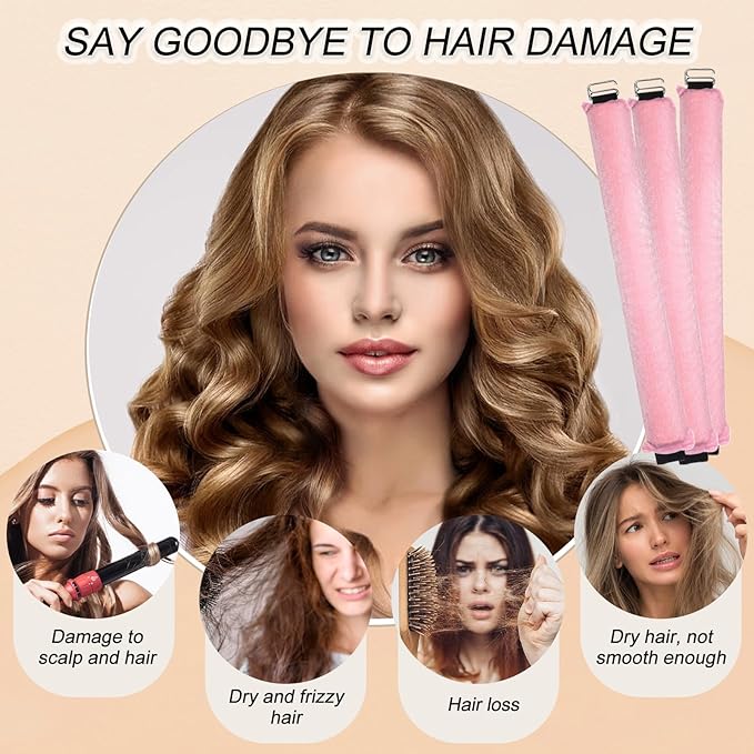 Heatless Curling Rod, 1 Pink 3Pcs, Flexi Rod for All Hair Types, Easy to Use Sleep Curling Ribbon with Hook, Curl Styling Kit for Overnight Hair Curl, Ideal for Travel, Great Gift