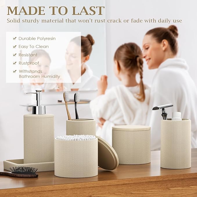 6-Piece Beige Bathroom Set - Mesh Textured Resin Bathroom Accessories Set with Soap Dispenser, Toothbrush Holder, Cup, Vanity Tray & Apothecary Jars for Small Spaces