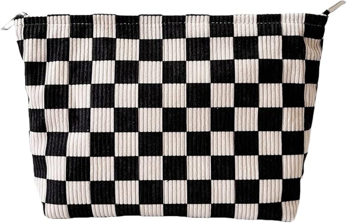 Checkered Corduroy Makeup Bag for Women, Black and White Gingham Cosmetic Bag with Zipper, Corduroy Travel Toiletry Bag, Sunscreen Sunblock Spf Bag, Hygiene Medicine Pouch,Organizer for Purse