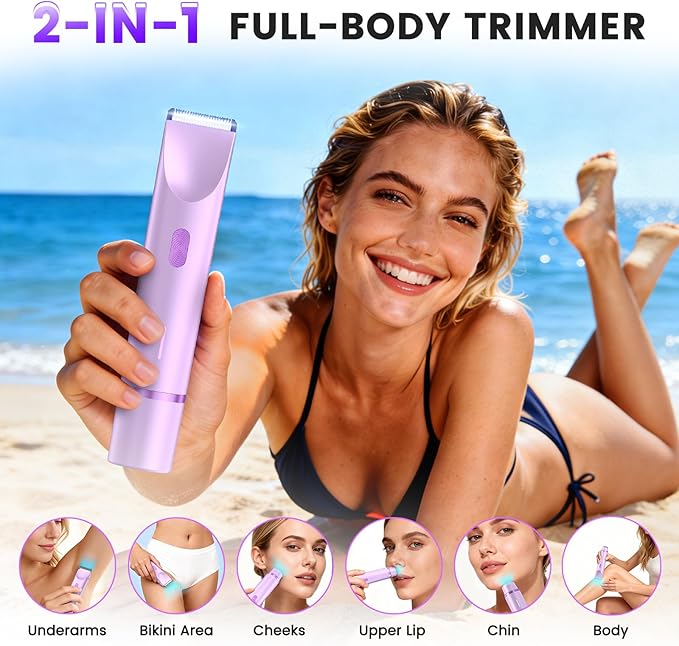Bikini Trimmer for Women, Painless Electric Razor for Women with Dual Head, IPX7 Waterproof Pubic Body Hair Trimmer Electric Shaver for Legs/Arm/Underarm (Purple)