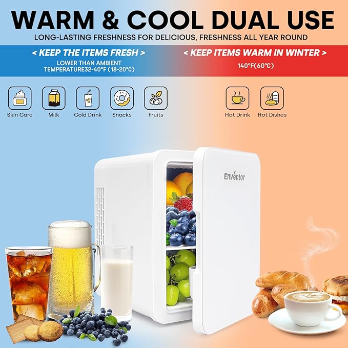 Enventor Mini Refrigerator, 4L/ 6 Can Compact Skincare Fridge AC+DC Power Cooler & Warmer Small Refrigerator for Bedroom, Skincare, Makeup, Cosmetics, Car, Office (White)