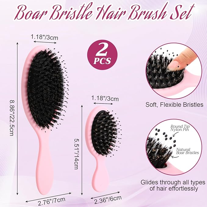 2 Pcs Pink Boar Bristle Hair Brush Set Full-size and Travel Size Soft Boars Hairbrushes Natural Bristle Detangling Brush for Women Men Thick Curly Hair Detangling Soften Silky Shine