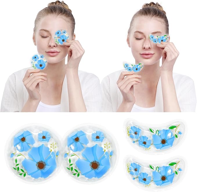 4PCS Gel Eye Ice Pack Set, Cold & Hot Compress, Reusable Cooling Gel Pads for Strain Relief, Swelling, Dark Circles, Redness, Puffy Eyes, Surgery Recovery (4 Blue flowers)