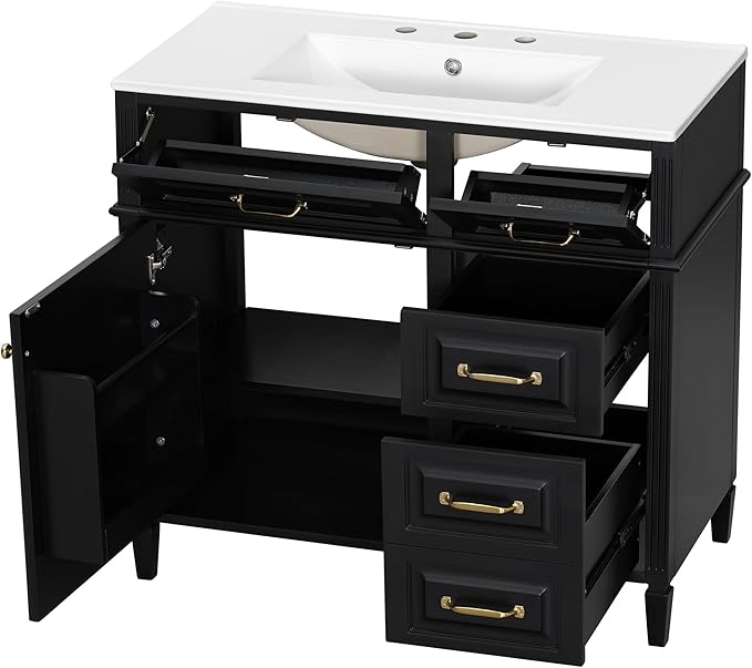 Harper & Bright Designs 36" Bathroom Vanity with Sink, Free Standing Vanity Set with 4 Drawers, Storage Racks, and Adjustable Shelf, Wood Bathroom Cabinet with Ceramic Basin for Bathroom, Black