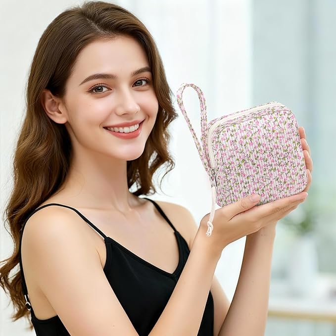 Small Makeup Bag | Discreet Period Bag Pad Pouch for Purse| Sanitary Napkin Storage & Tampon Holder for Travel(Flower pink)