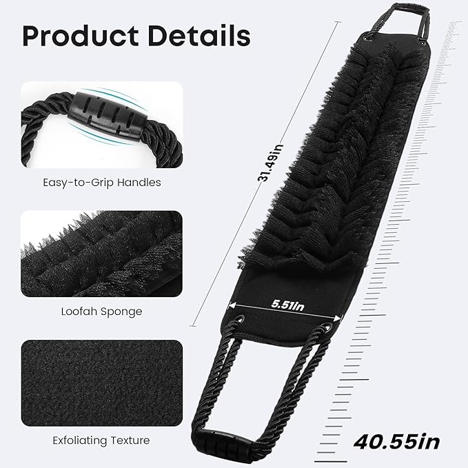 Back Scrubber with Handles for Shower, Wider 40 Inches Dual-Sided Back Washer with Exfoliating Texture and Loofah for Men, Women and Elderly, Bath Back Exfoliator Body Cleaner for Deep Cleansing