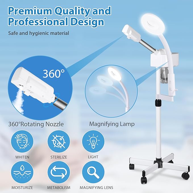 2 in 1 Facial Steamer 5X Magnifying Lamp - Hot Ozone Spa Machine, Mist Face Salon Beauty Skin Care Equipment