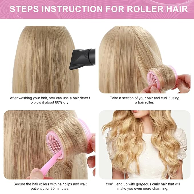 4 Sizes Hair Rollers for Women Set - 50 Pcs Hair Curler Rollers with Clips, Self Grip Hair Rollers for Long, Short Hair and Bangs, 25mm, 36mm, 48mm, 60mm, Pink