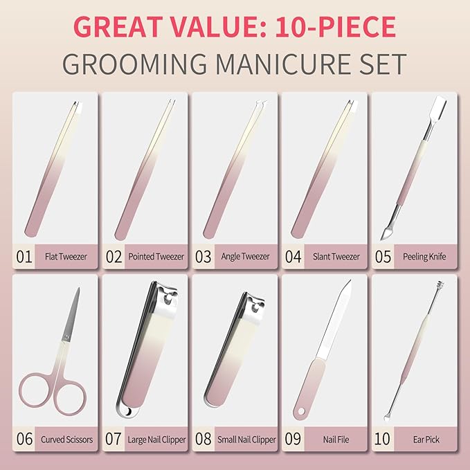 Manicure Set 10 in 1 Stainless Steel Nail Clippers Scissors Tweezers Grooming Kit with Travel Case (Pink)