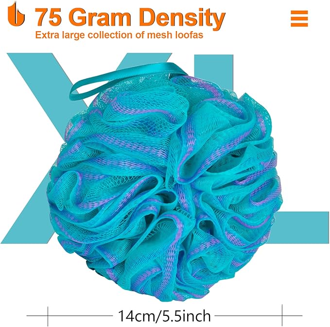 Urbanstrive Shower Bath Sponge XL 75g Soft Shower Loofahs Balls for Body Wash Men Women Bathroom Accessories, 1 Pack, Black (Green-Purple)