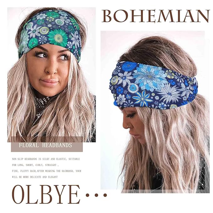Olbye Wide Boho Headbands Floral Stretch Head Wraps Bohemian African Turban Hairbands Knotted Bandana Headband Yoga Running Head Scarfs Workout Hair Accessories for Women 4Pcs (Floral, 9.4 * 5.9'')