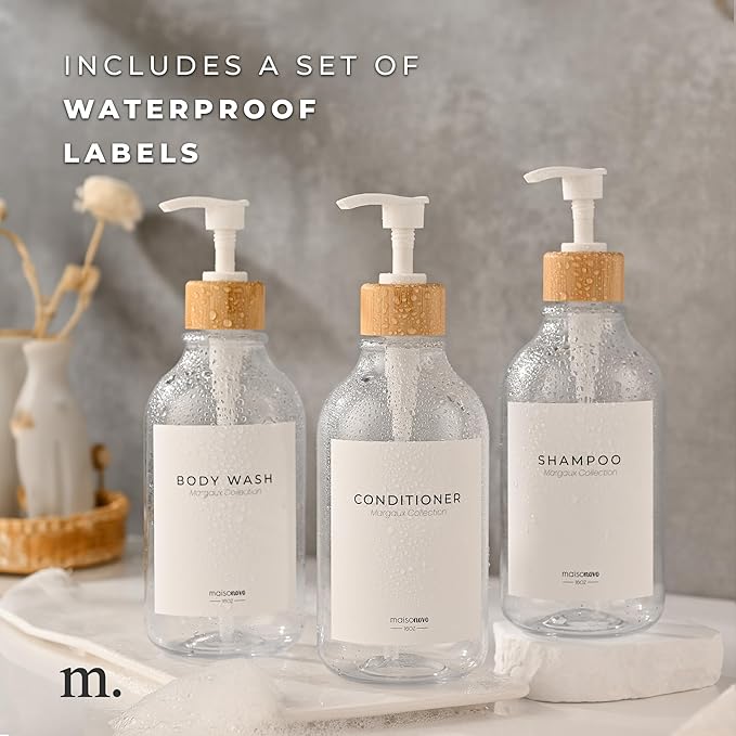 MaisoNovo Refillable Shampoo and Conditioner Bottles - 16.9 fl oz Set of 3 Clear Plastic Bottles White Bamboo Pumps