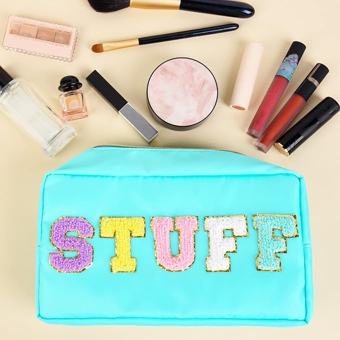 SOIDRAM Preppy Makeup Bag Nylon Cosmetic Bag Blue Stuff Makeup Pouch for Women Travel Toiletry Bag Organizer Cute Makeup Brushes Storage Bag with Chenille Letter Patches
