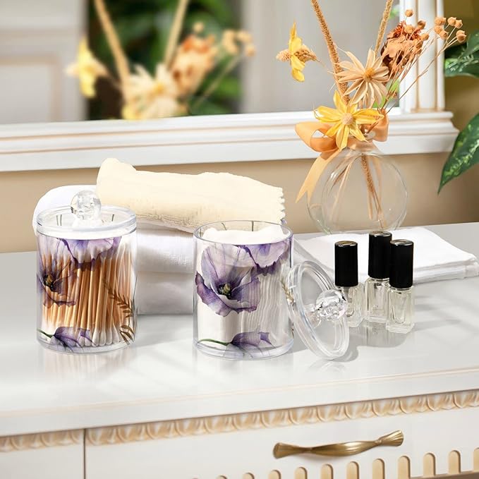 4 Pack Qtip Holder Dispenser Watercolor Flowers Purple Poppies Cotton Ball Cotton Swab Round Pads Floss Clear Bathroom Storage Containers Plastic Apothecary Jars with Lids