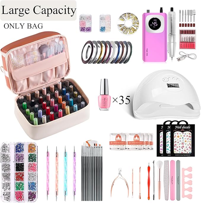 Nail Polish Organizer Holds 35 Bottles & Nail Lamp, Nail Organizers and Storage, Double Layer Nail Bag with Handle & Shoulder Strap for Travel, Nail Supplies Organizer for Manicure Kit (Brown+Beige)