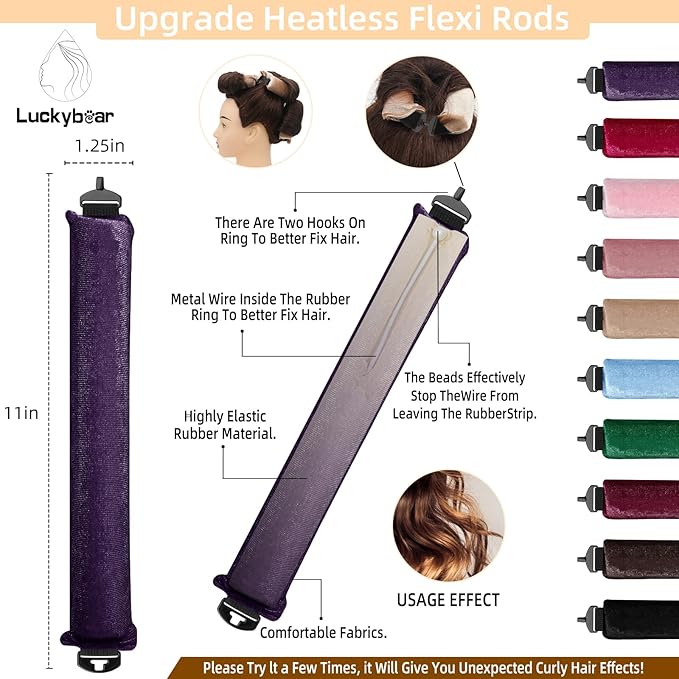Overnight Heatless Hair Curler Blowout Rods Satin Flexi Rods for Heatless Overnight Jumbo Curls, No-Heat Styling Tools for All Hair Types, 3pcs Purple
