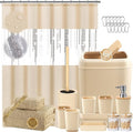Beige Bathroom Accessories Set with Sequin Shower Curtain Beige Bathroom Decor with Trash Can,Toothbrush Holder, Toothbrush Cup,Soap Dispenser, Tray, Soap Dish,Toilet Brush