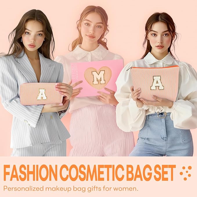 2 PCS Initial Makeup Bags for Women: Cosmetic Bag for Travel Toiletry - Birthday Gifts for 11 12 13 14 15 16 17 18 Years Old Girl Graduation Teacher Gift- Teen Girl Gifts Trendy Stuff - Orange K