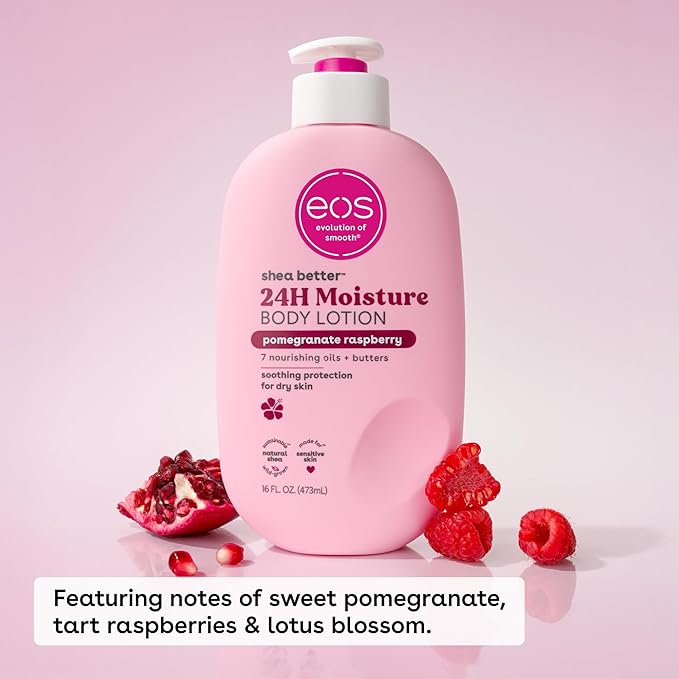 eos Shea Better Body Lotion Pomegranate Raspberry,24-Hour Moisture Skin Care,Lightweight & Non-Greasy,Natural Shea,Vegan,16 fl oz,(Pack of 2)