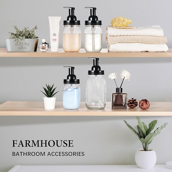 Amolliar Plastic Mason Jar Foaming Soap Dispenser with Pump Lid,16OZ Refillable Hand Soap Dispenser Set with Cute Lables - Farmhouse Decor for Kitchen/Bathroom, Lotion Liquid Dish Soap (4 Pack, Black)