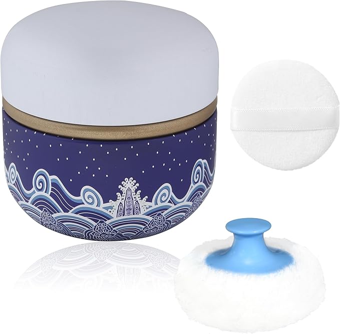 WEMEGA Body Powder Case with Powder Puff Powder Container Tea Box for Baby and Women Powder Puff and Powder Case for Travel (Blue Sea1)