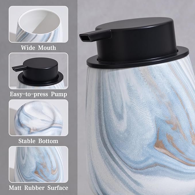 12Oz Foaming Hand Soap Dispenser - Ceramic Bathroom Foam Soap Dispenser with Easy-to-Press Black Pump, Refillable Lotion Hand Dispenser, Dish Soap Dispensers for Kitchen, Marble Blue