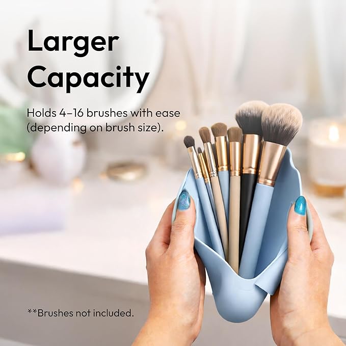 ÉCLAT Silicone Makeup Brush Holder Travel, 3 in 1 Portable Bag With Anti-Fall Out Magnetic Closure & Cleaner Mat Case, Soft Cosmetic Tool Organizer Pouch Keeps Brushes Clean & Dust Free (Blue)