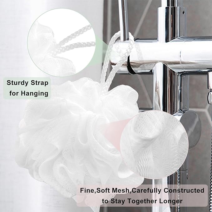 Loofah Charcoal Bath Shower Sponge Body Scrubber,75g Exfoliate Mesh Pouf Shower Bouquet,3 Pack Large Bath Sponge for Women and Men（White Pink Green）