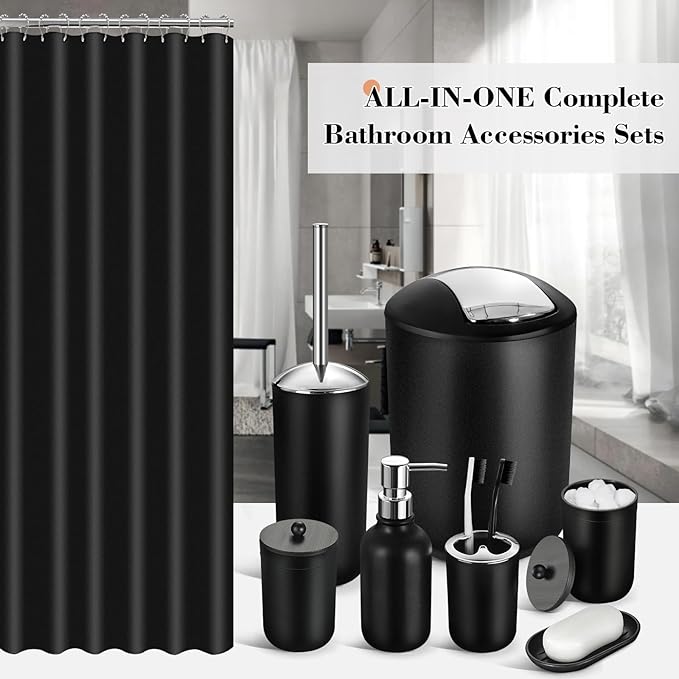 Bathroom Set, 20Pcs Bathroom Shower Curtain Sets with Hooks, Black Bathroom Accessories Set with Trash Can, Bathroom Accessories Sets Complete with Shower Curtain Set, Bathroom Accessory Set