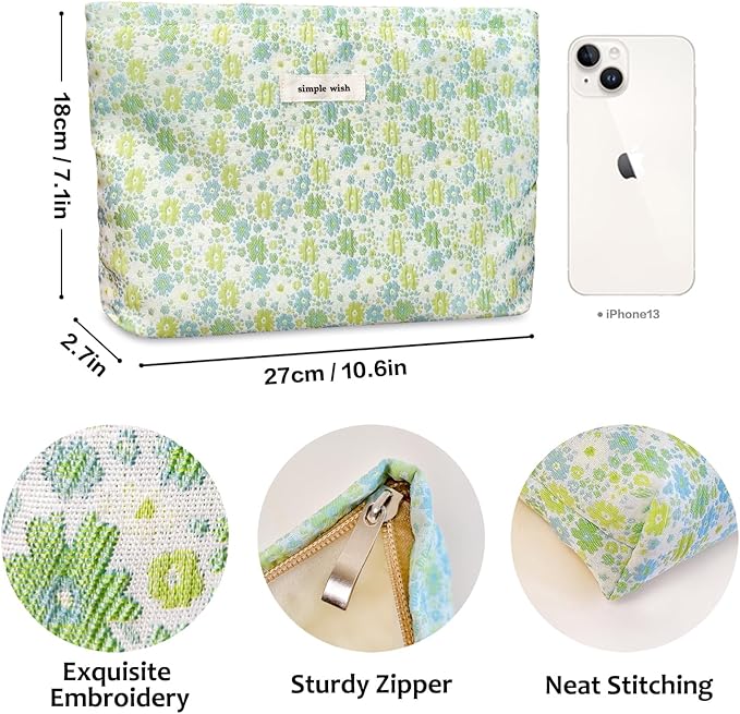 STARDW Aesthetic Floral Makeup Bag Cute Small Cosmetic Bags for Women Girls, Travel Toiletry Bag Large Capacity Zipper Makeup Pouch, Purse Organizer Pouches (Fresh Green)