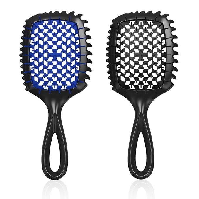 Detangler Brush – 2 Pack Vented Hair Brush for Wet/Dry Hair – Easy, Pain-Free Detangler Brush Reduces Knots & Breakage – For Curly, Straight, Thick or Fine Hair – Women, Men & Kids (Black+Blue)